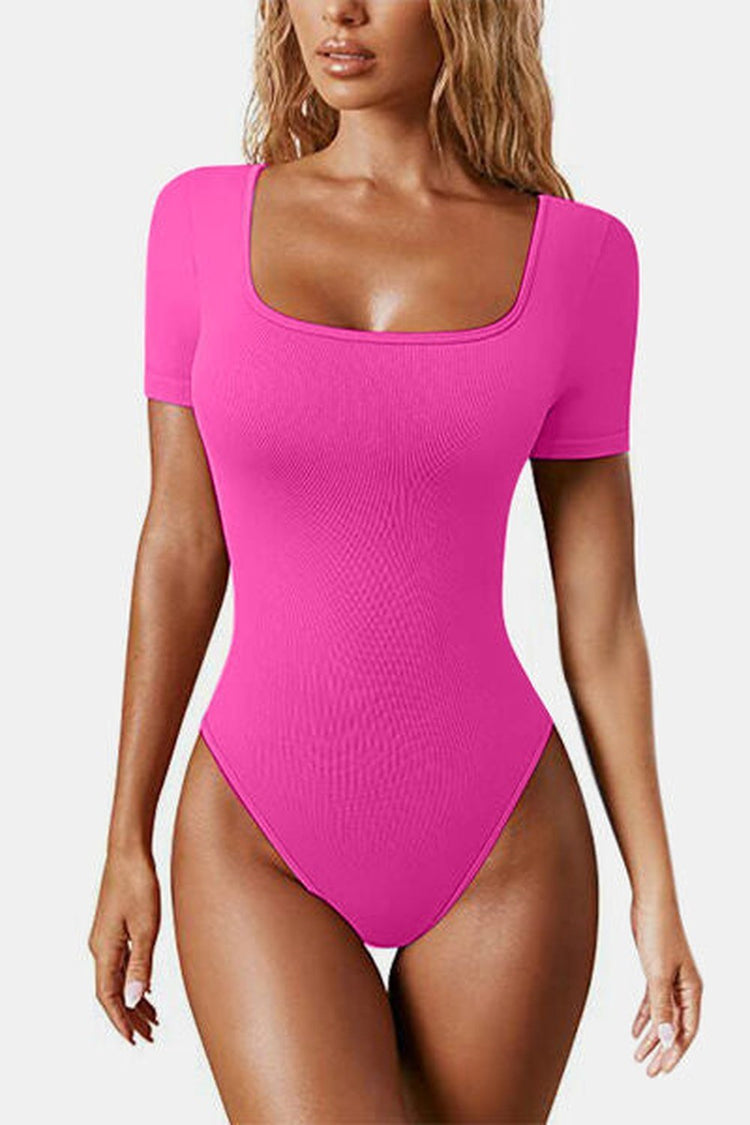 Square Neck Short Sleeve Active Bodysuit - Bodysuit - FITGGINS