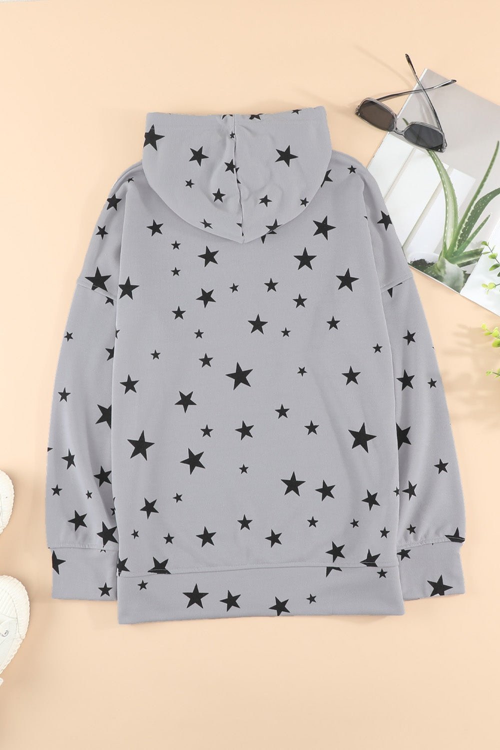 Star Print Drawstring Detail Hoodie - Sweatshirts & Hoodies - FITGGINS