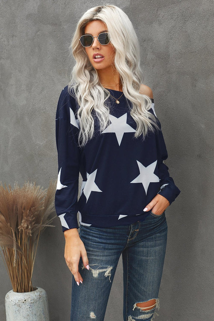 Star Print Long Sleeve Sweatshirt - Sweatshirts & Hoodies - FITGGINS