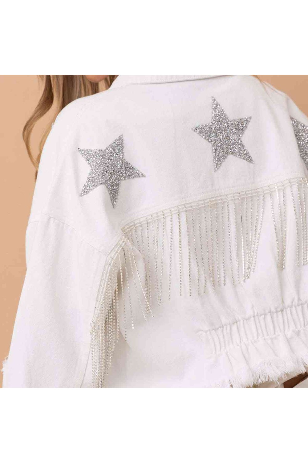 Star Raw Hem Fringe Detail Denim Jacket - Jackets - FITGGINS
