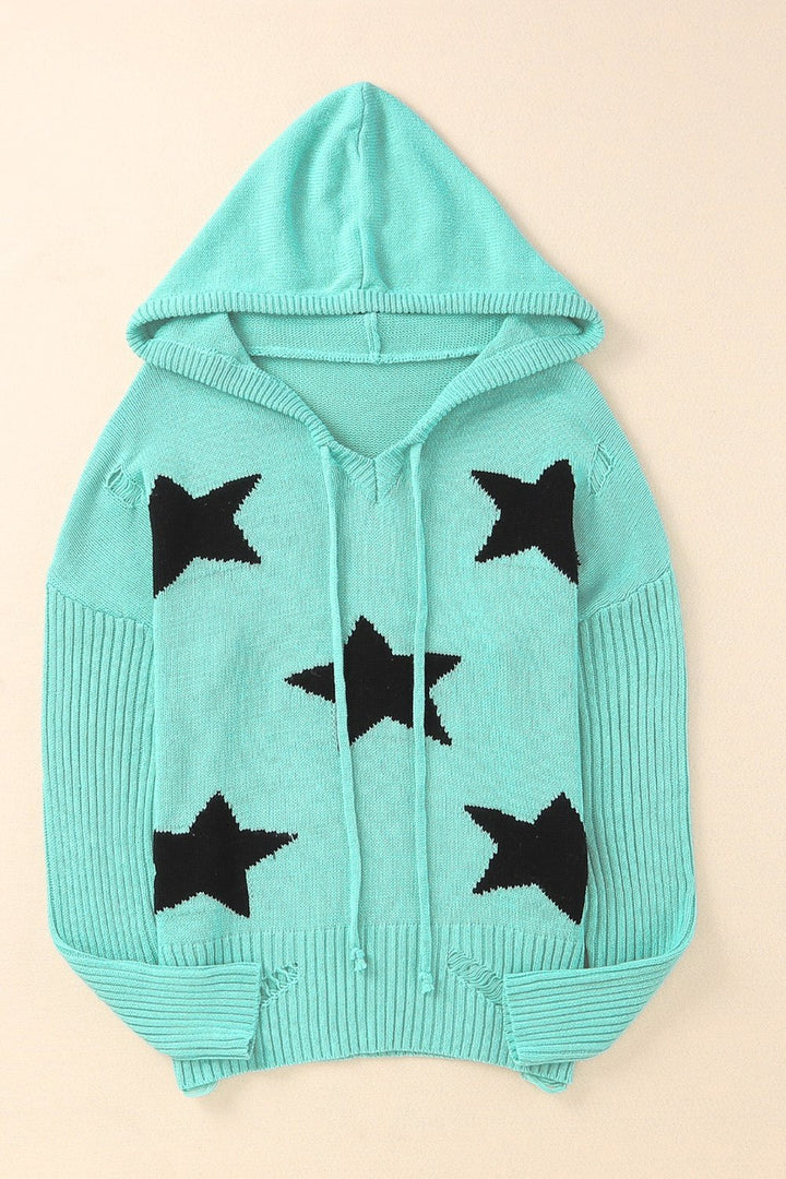 Star Distressed Slit Hooded Sweater - Sweatshirts & Hoodies - FITGGINS