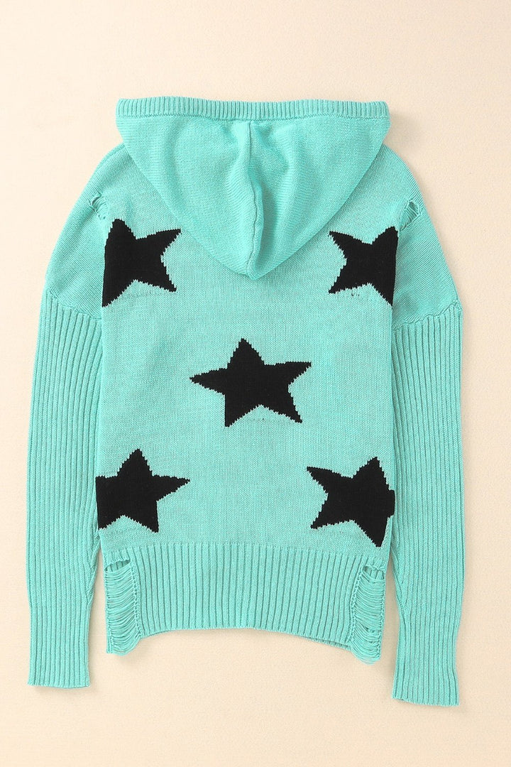Star Distressed Slit Hooded Sweater - Sweatshirts & Hoodies - FITGGINS