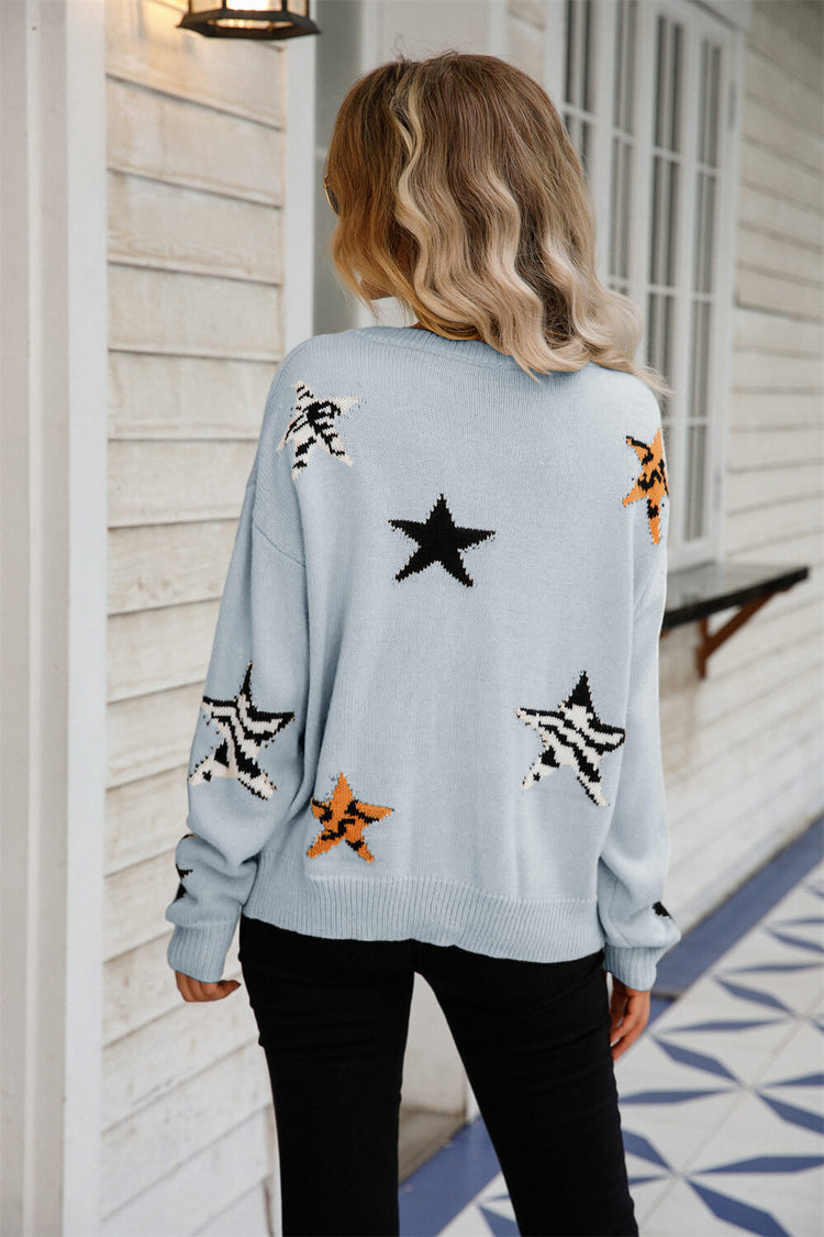 Star Pattern Round Neck Dropped Shoulder Sweater - Pullover Sweaters - FITGGINS