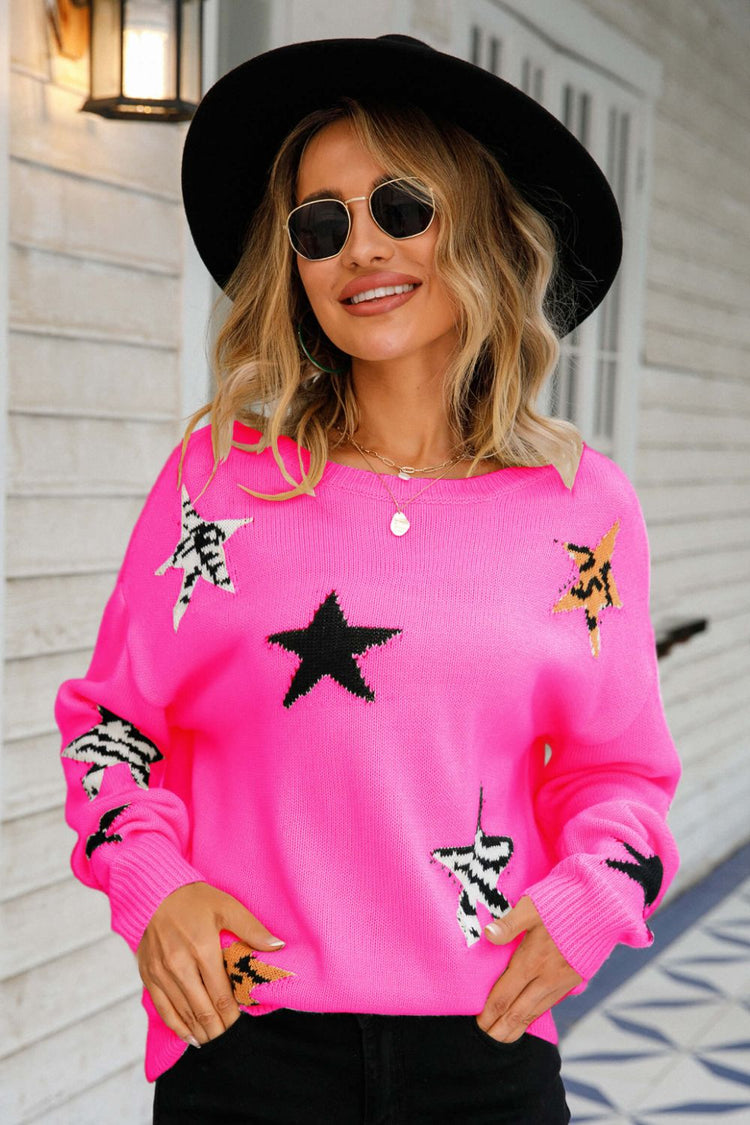 Star Pattern Round Neck Dropped Shoulder Sweater - Pullover Sweaters - FITGGINS