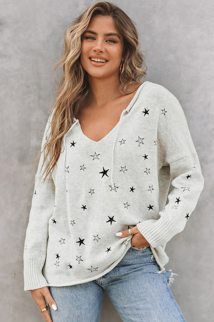 Star V-Neck Roll Hem Drop Shoulder Sweater - Pullover Sweaters - FITGGINS