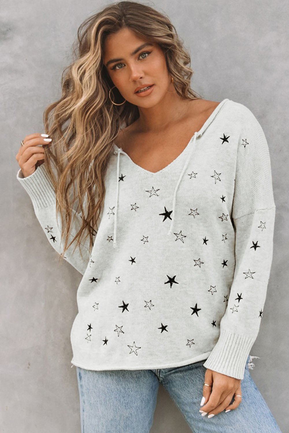 Star V-Neck Roll Hem Drop Shoulder Sweater - Pullover Sweaters - FITGGINS