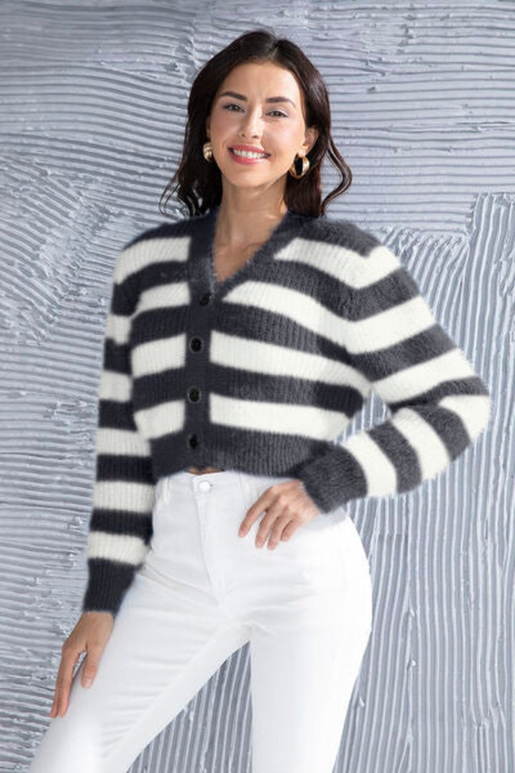 Striped Button Up Cropped Cardigan - Cardigans - FITGGINS