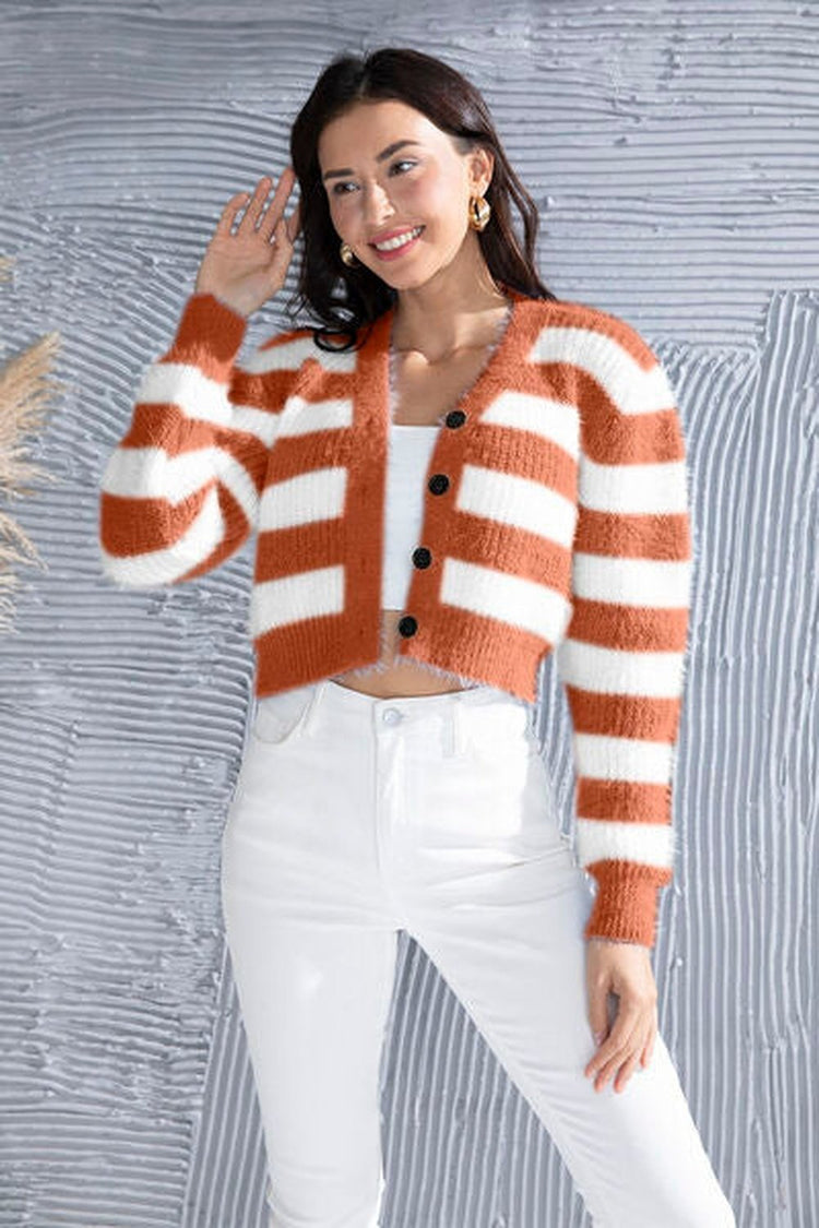 Striped Button Up Cropped Cardigan - Cardigans - FITGGINS