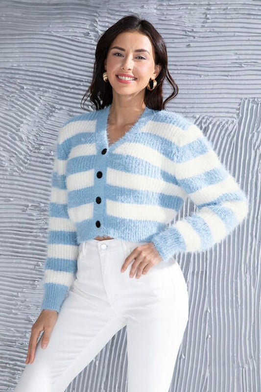 Striped Button Up Cropped Cardigan - Cardigans - FITGGINS