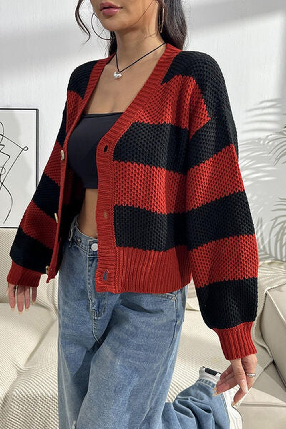 Striped Button Up Dropped Shoulder Cardigan - Cardigans - FITGGINS