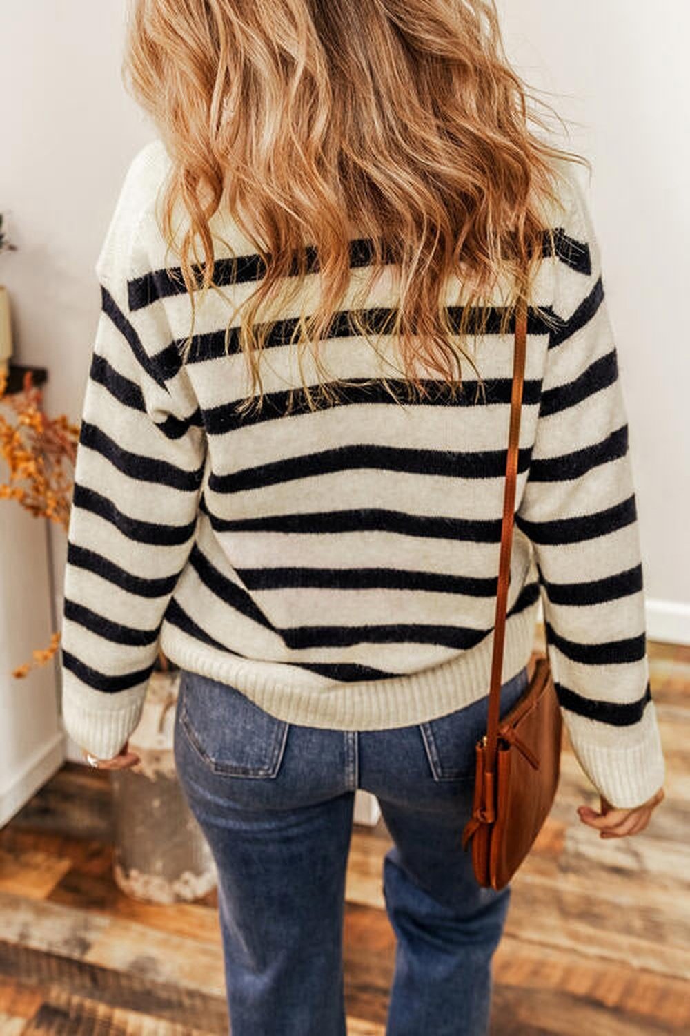 Striped Collared Neck Long Sleeve Sweater - Pullover Sweaters - FITGGINS