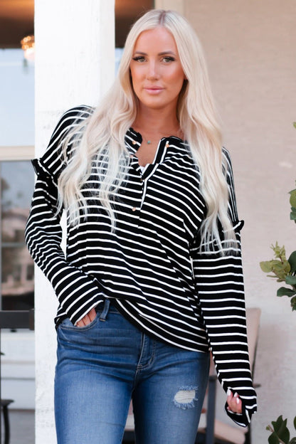 Striped Half Button Frill Trim Top - Blouses - FITGGINS