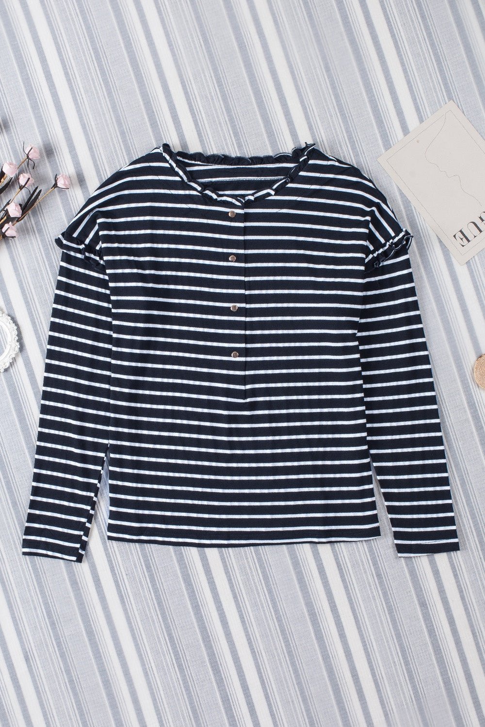 Striped Half Button Frill Trim Top - Blouses - FITGGINS