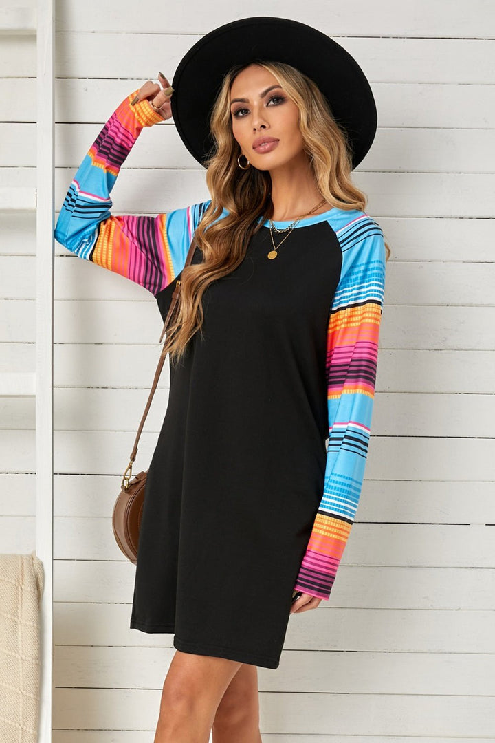 Striped Long Raglan Sleeve Round Neck Dress - Casual & Maxi Dresses - FITGGINS