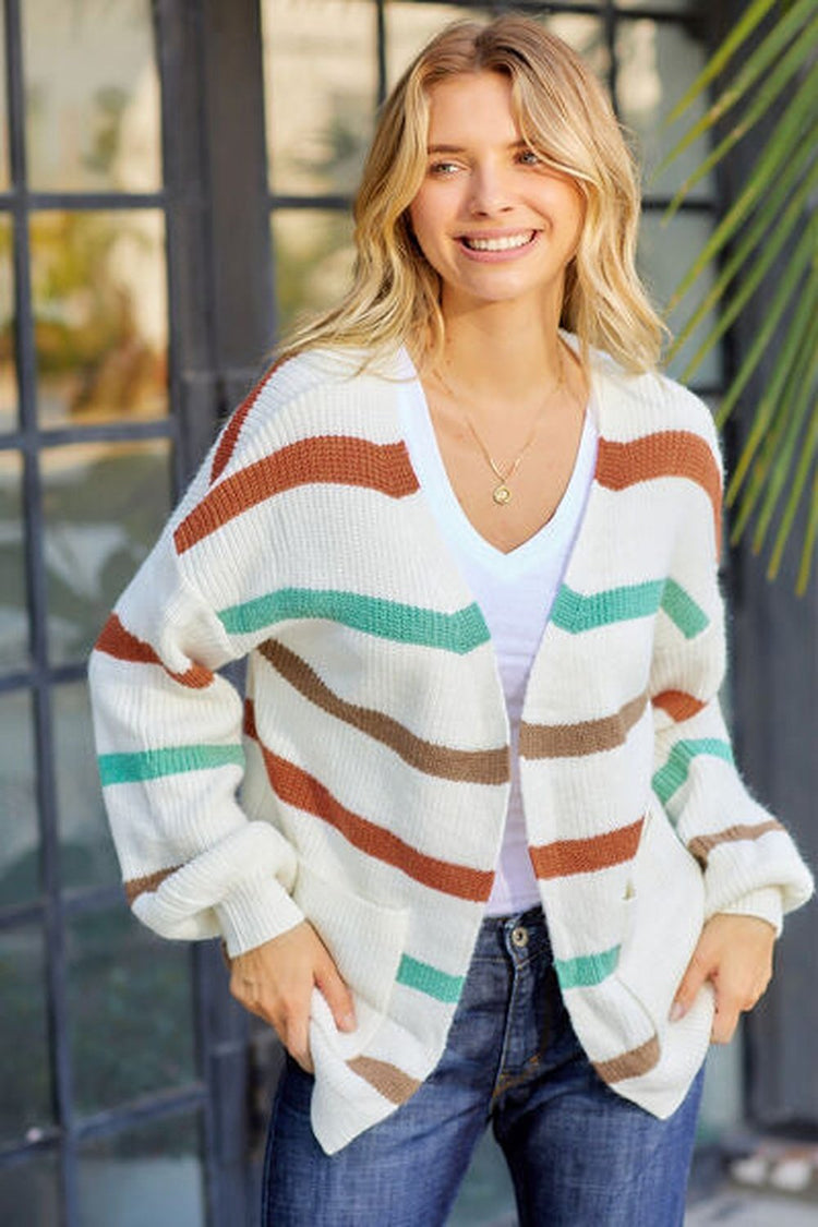 Striped Open Front Dropped Shoulder Cardigan - Cardigans - FITGGINS