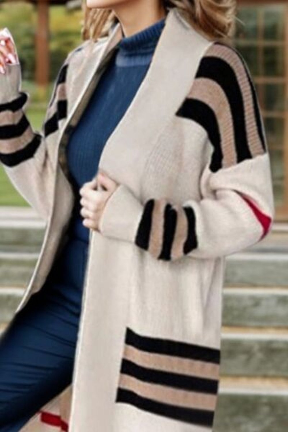 Striped Open Front Long Sleeve Longline Sweater Cardigan - Cardigans - FITGGINS