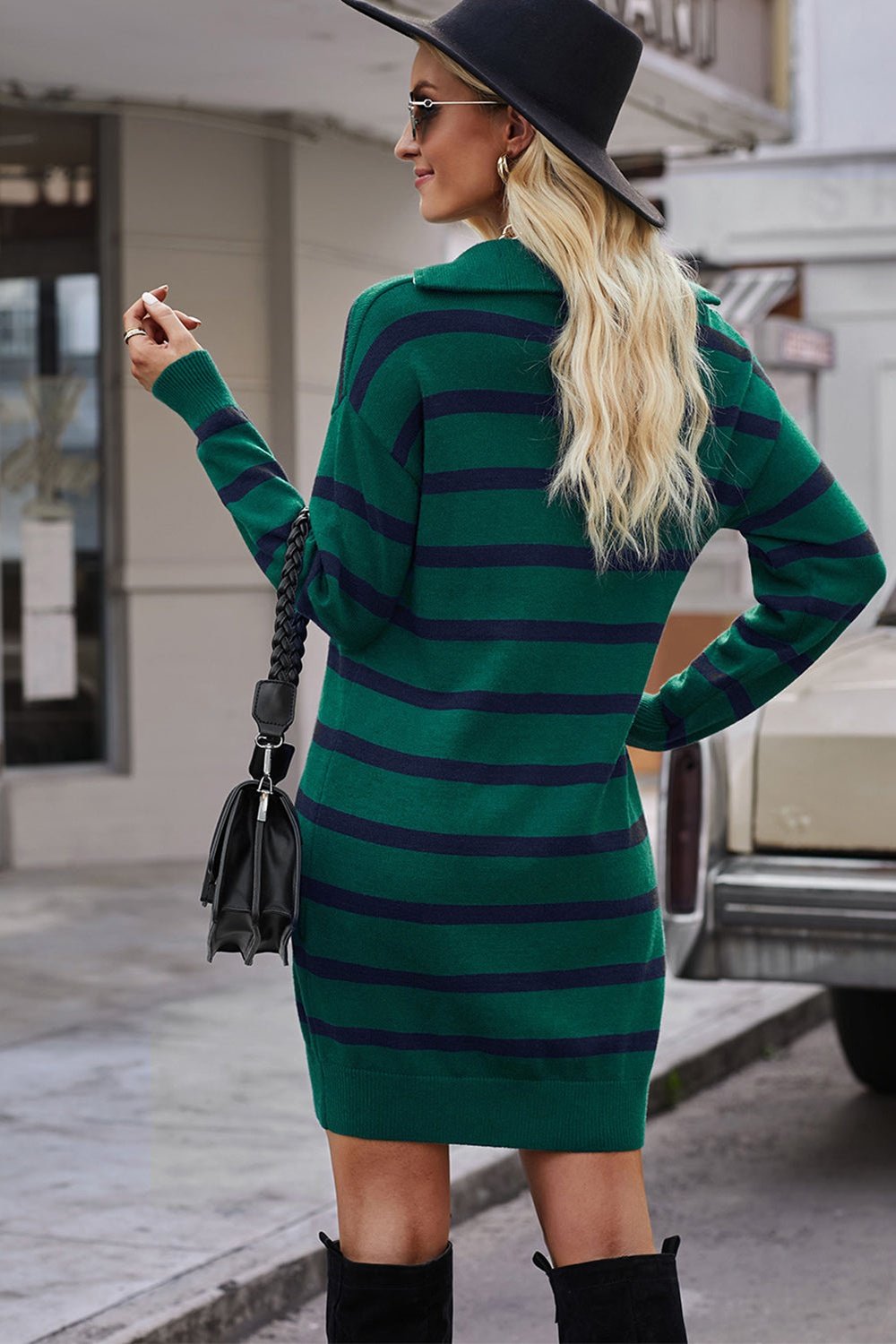 Striped Quarter-Zip Collared Sweater Dress - Casual & Maxi Dresses - FITGGINS