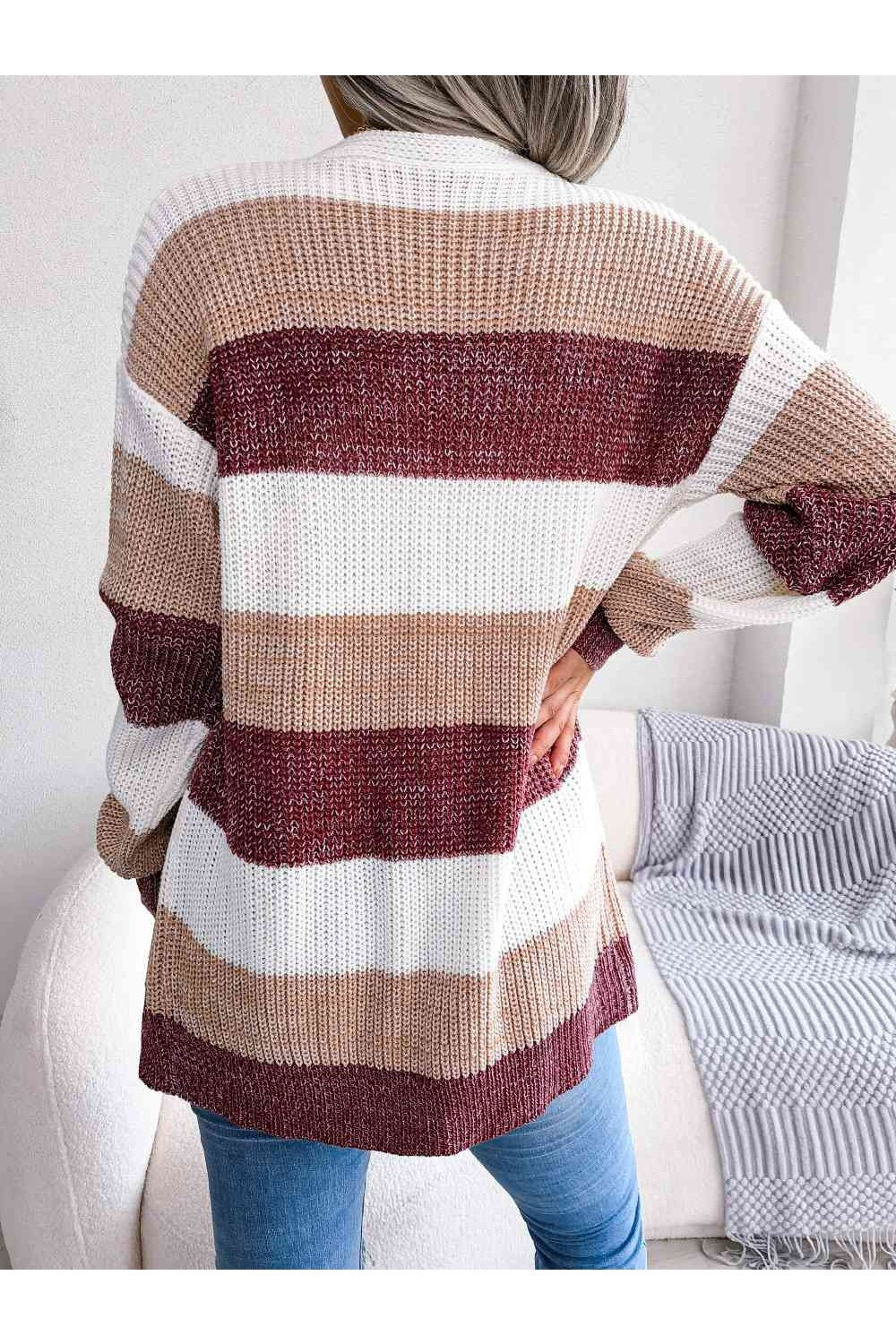 Striped Rib-Knit Open Front Longline Cardigan - Cardigans - FITGGINS