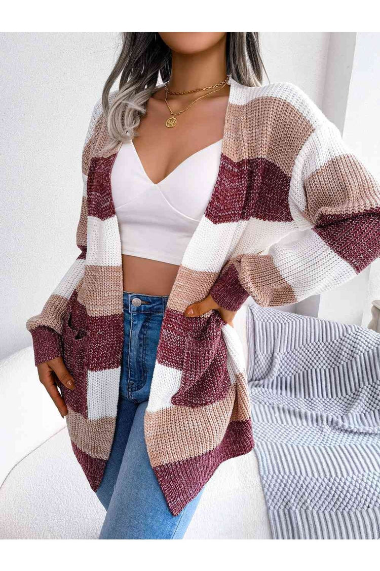 Striped Rib-Knit Open Front Longline Cardigan - Cardigans - FITGGINS