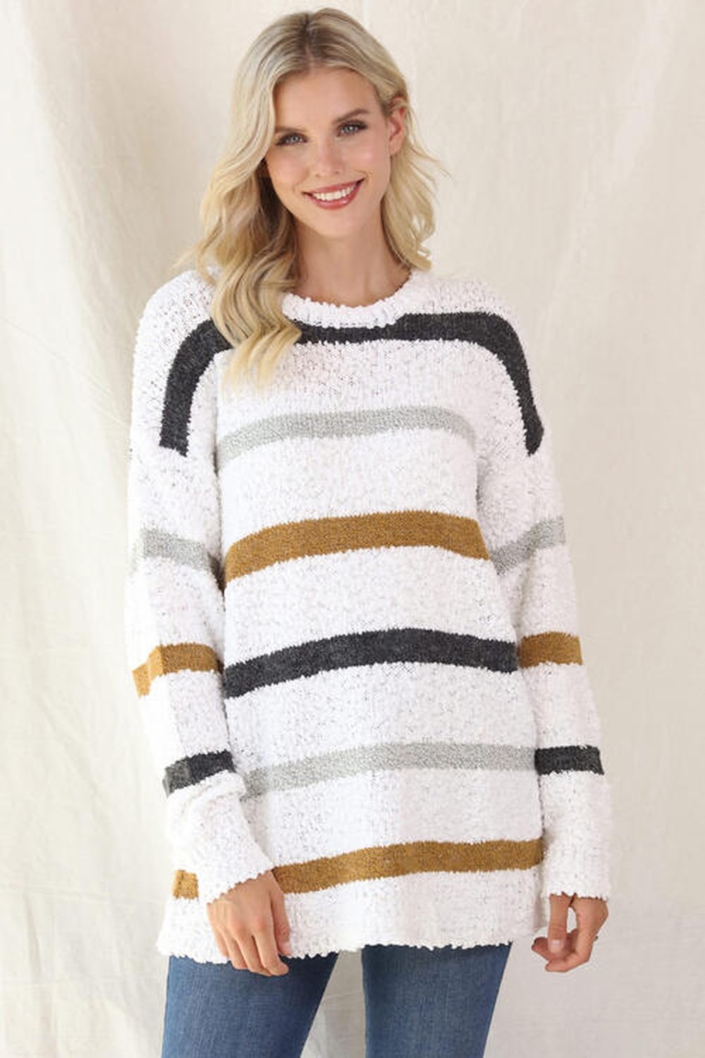 Striped Round Neck Long Sleeve Sweater - Pullover Sweaters - FITGGINS