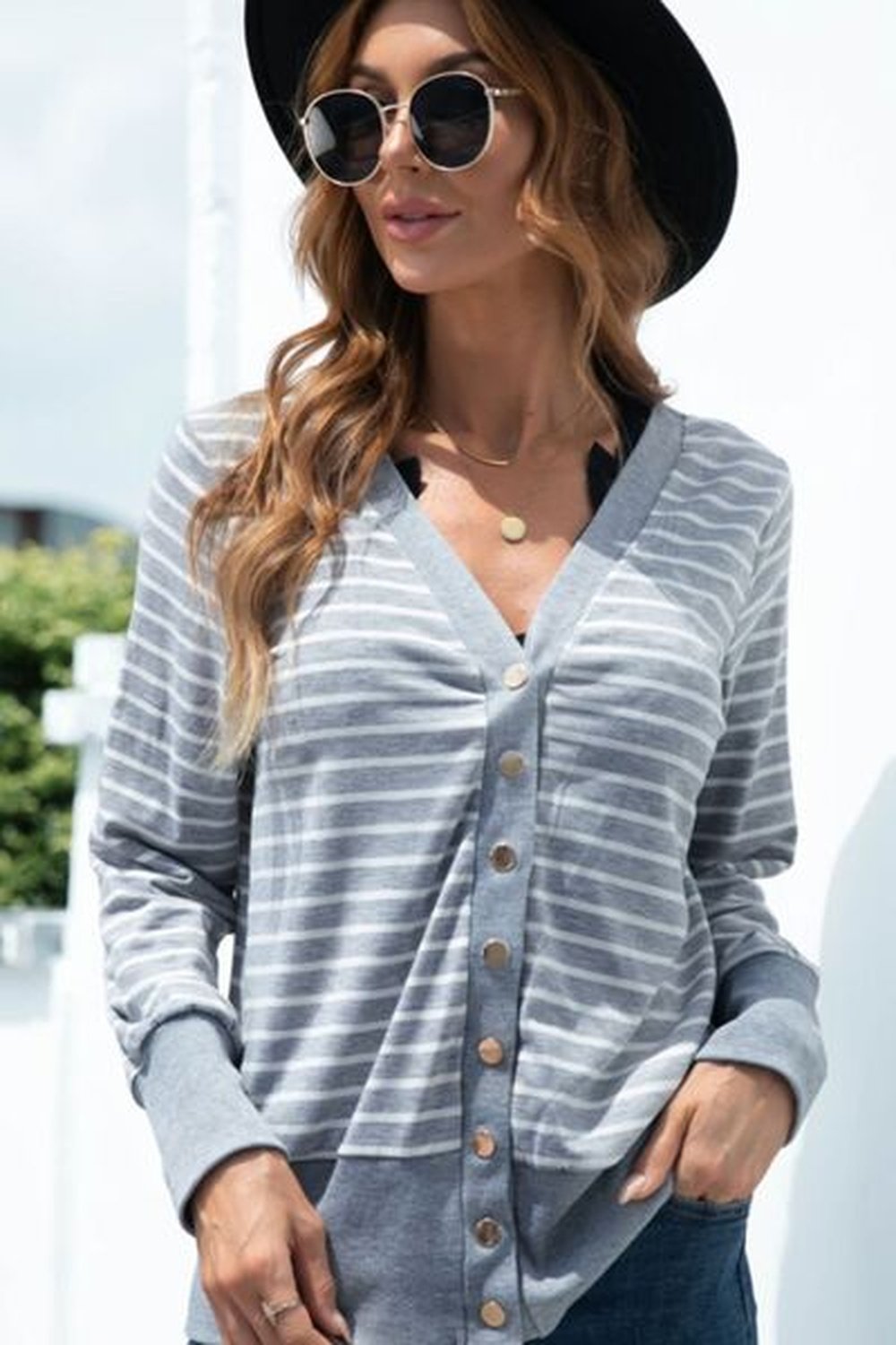 Striped Snap Down Long Sleeve Cardigan - Cardigans - FITGGINS