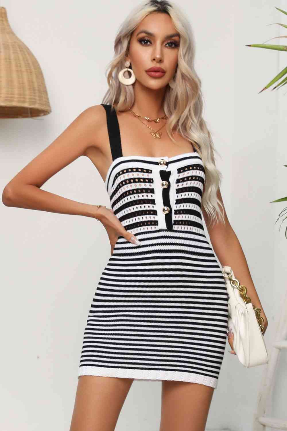 Striped Straight Neck Bodycon Dress - Sweater Dresses - FITGGINS