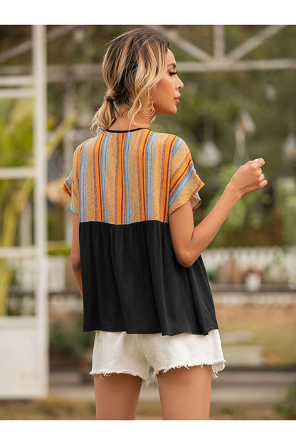 Striped Tie Neck Short Sleeve Blouse - Blouses - FITGGINS