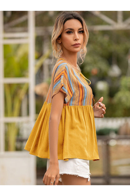 Striped Tie Neck Short Sleeve Blouse - Blouses - FITGGINS