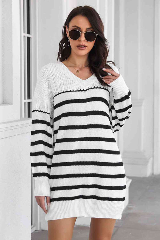 Striped V-Neck Drop Shulder Sweater Dress - Sweater Dresses - FITGGINS