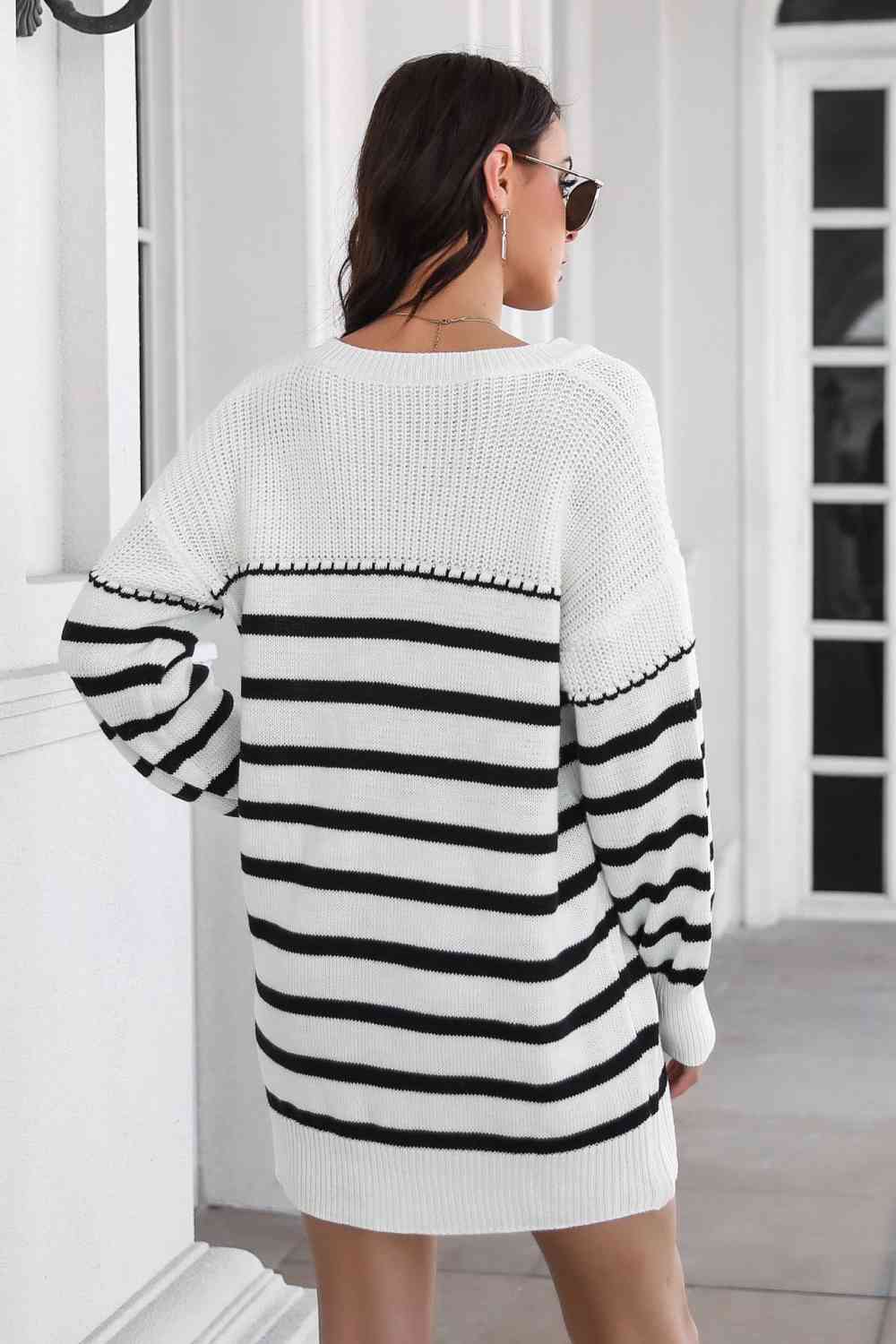 Striped V-Neck Drop Shulder Sweater Dress - Sweater Dresses - FITGGINS