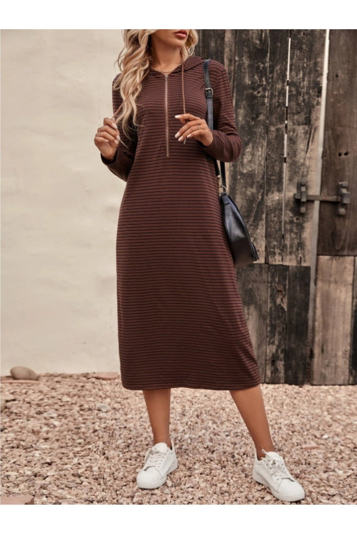 Striped Zip Front Hooded Dress - Casual & Maxi Dresses - FITGGINS
