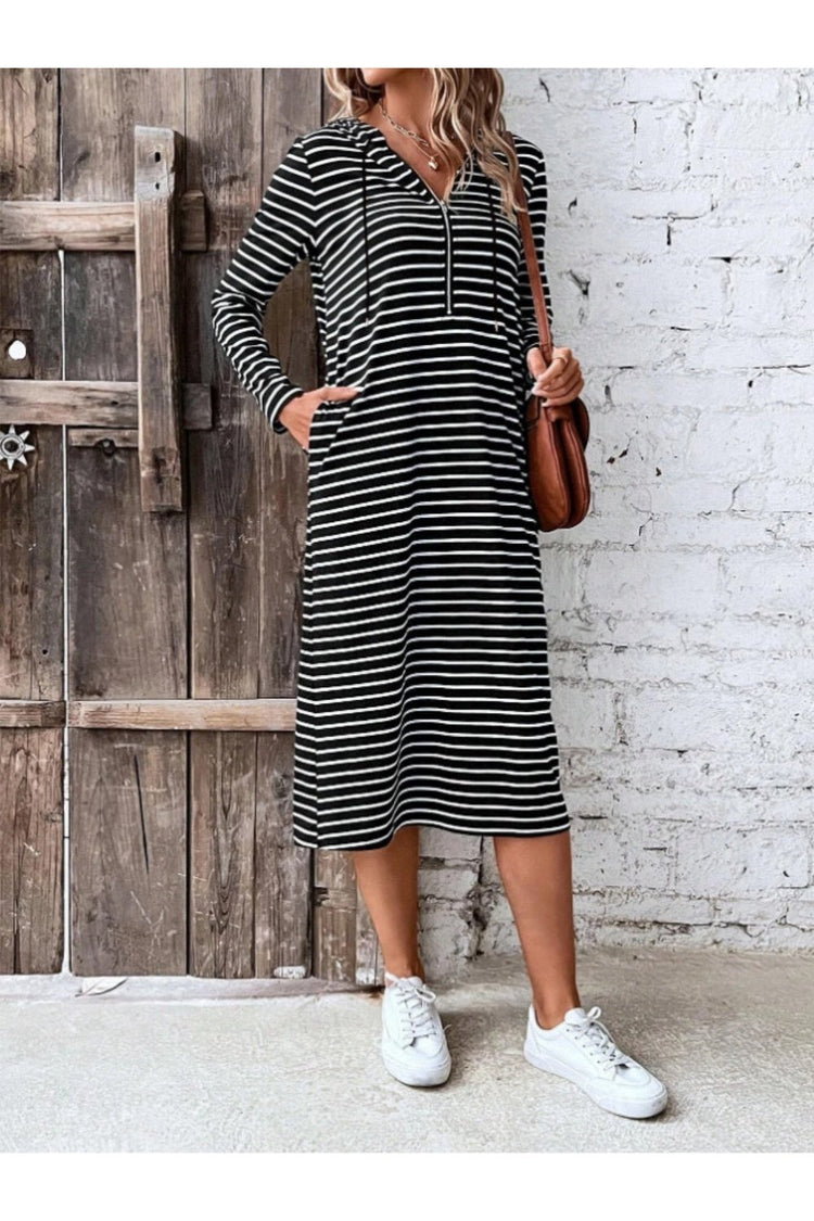 Striped Zip Front Hooded Dress