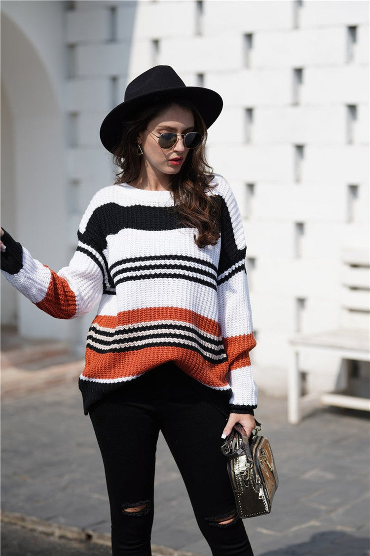 Striped Boat Neck Sweater - Pullover Sweaters - FITGGINS