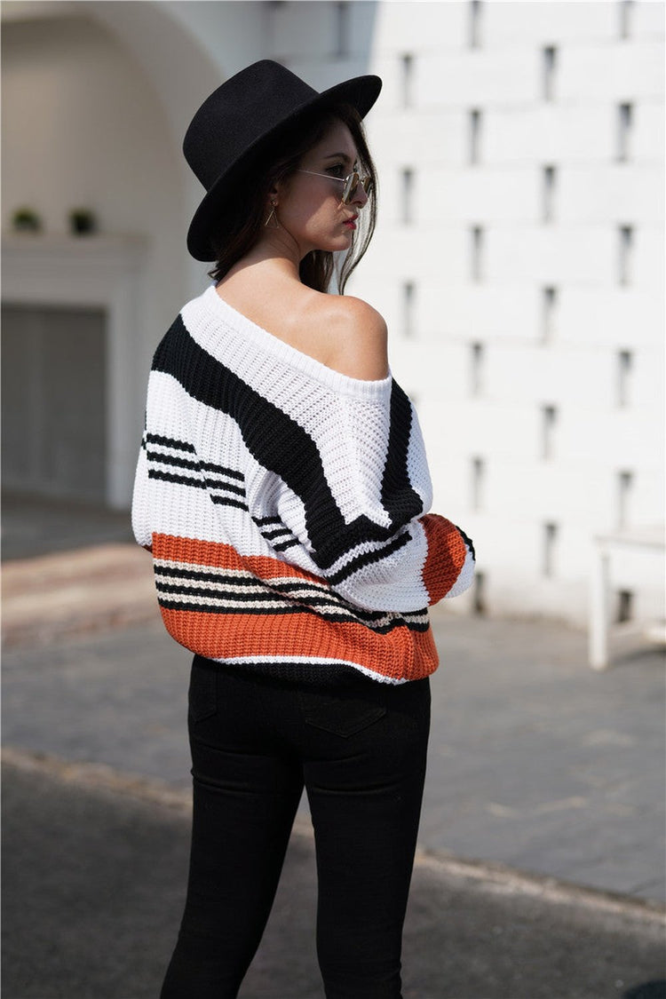 Striped Boat Neck Sweater - Pullover Sweaters - FITGGINS