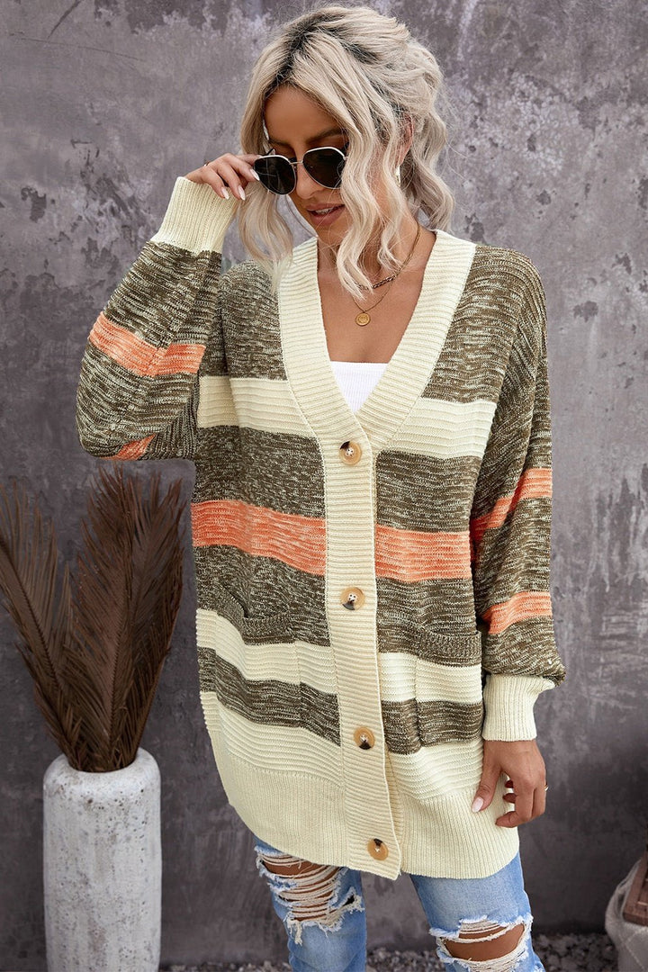 Striped Button Down Longline Cardigan with Pockets - Cardigans - FITGGINS