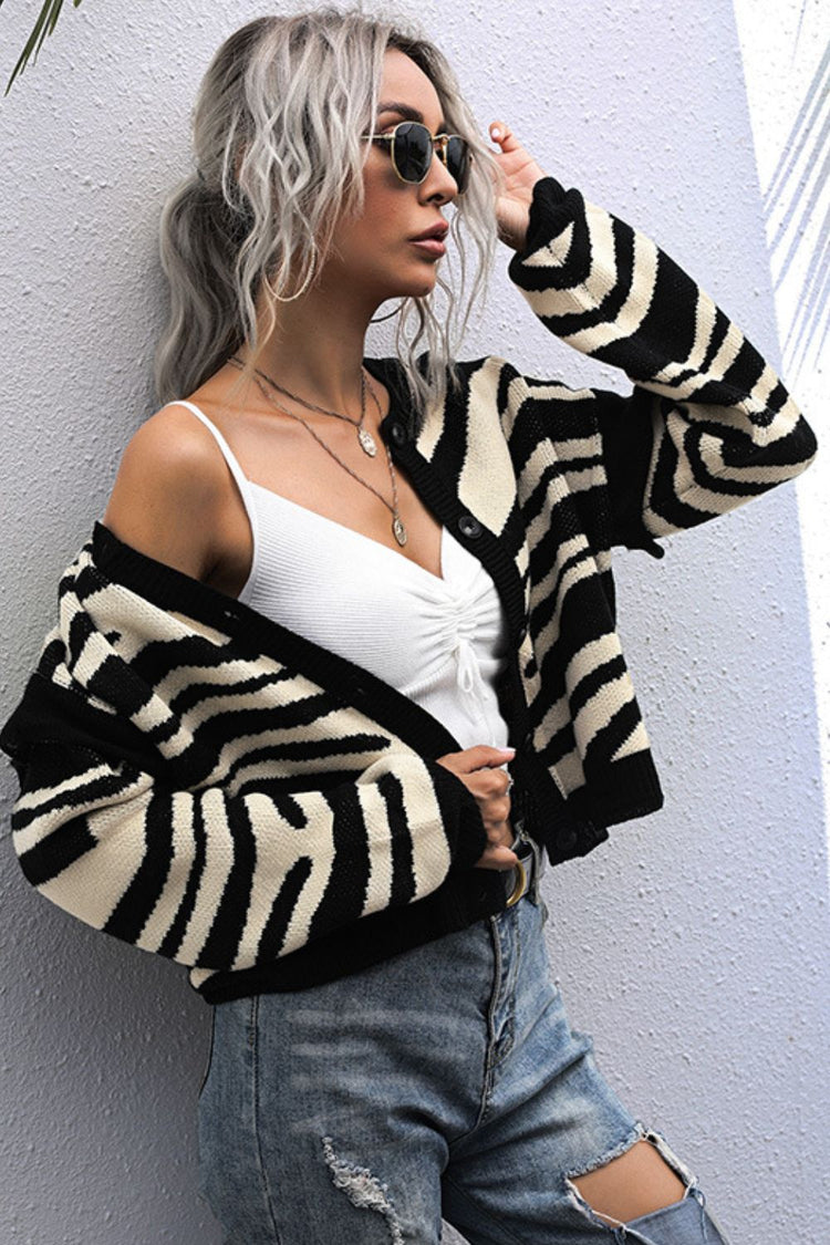 Striped Button-Down Round Neck Drop Shoulder Cardigan - Cardigans - FITGGINS