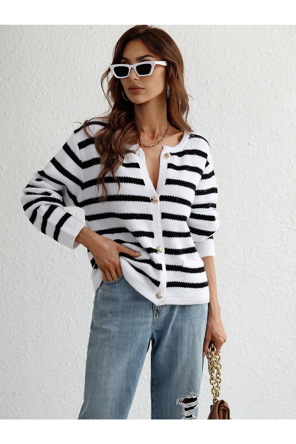 Striped Button Front Cardigan - Cardigans - FITGGINS