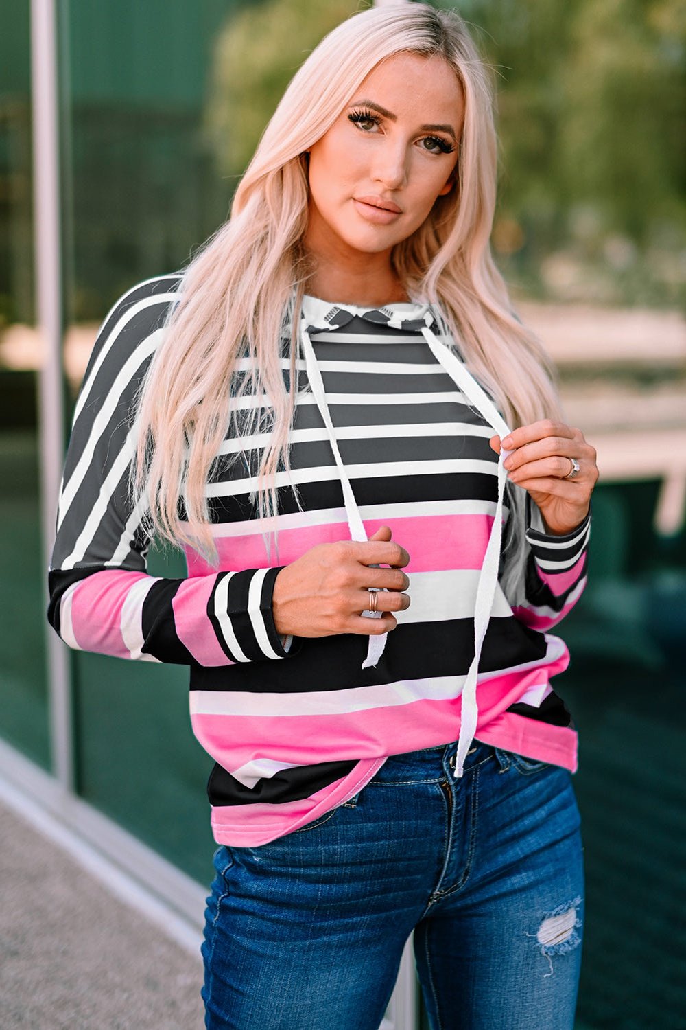 Striped Drawstring Detail Long Sleeve Hoodie - Sweatshirts & Hoodies - FITGGINS