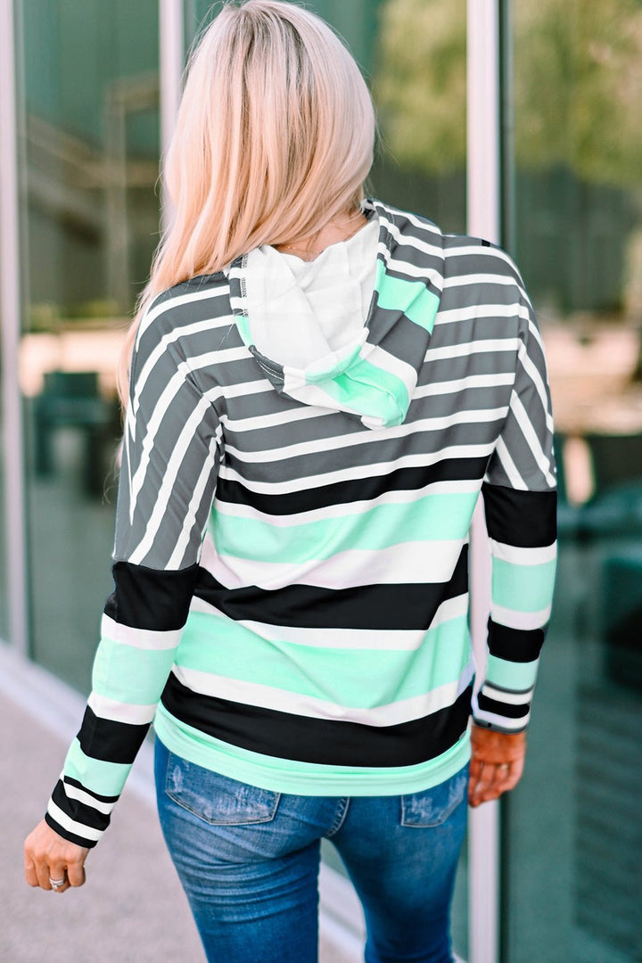 Striped Drawstring Detail Long Sleeve Hoodie - Sweatshirts & Hoodies - FITGGINS