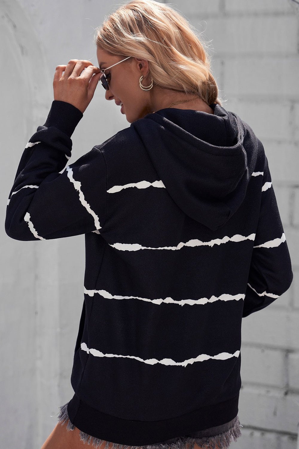 Striped Drop Shoulder Hoodie with Kangaroo Pocket - Sweatshirts & Hoodies - FITGGINS