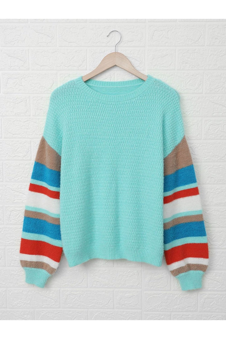 Striped Dropped Shoulder Crewneck Ribbed Trim Sweater - Pullover Sweaters - FITGGINS