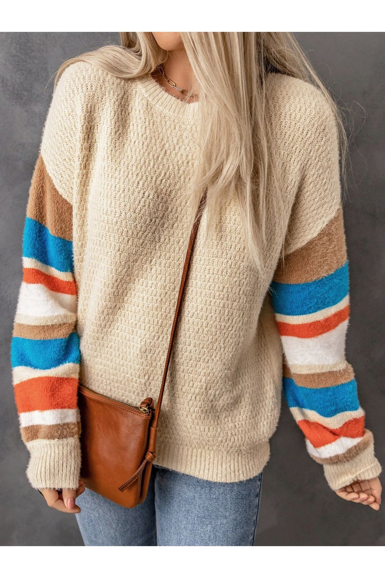 Striped Dropped Shoulder Crewneck Ribbed Trim Sweater - Pullover Sweaters - FITGGINS