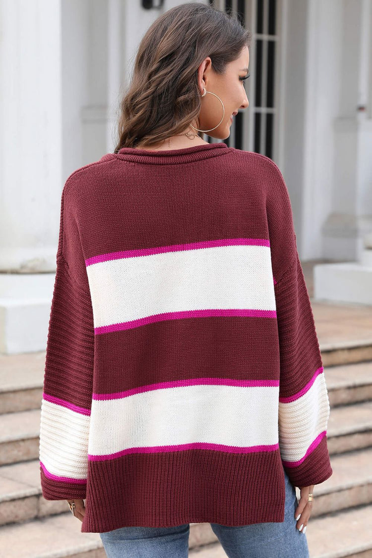 Striped Dropped Shoulder Side Slit Sweater - Pullover Sweaters - FITGGINS