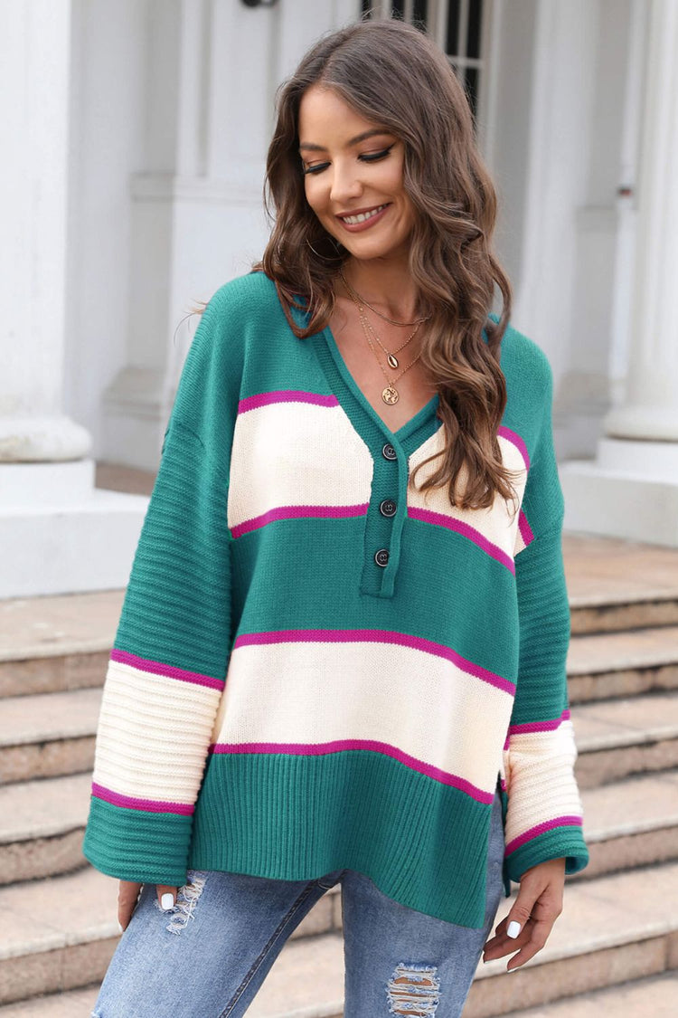 Striped Dropped Shoulder Side Slit Sweater - Pullover Sweaters - FITGGINS
