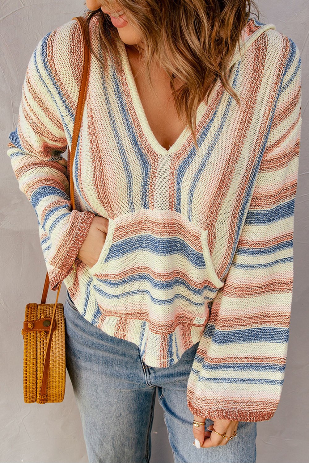 Striped Hooded Sweater with Kangaroo Pocket - Sweatshirts & Hoodies - FITGGINS