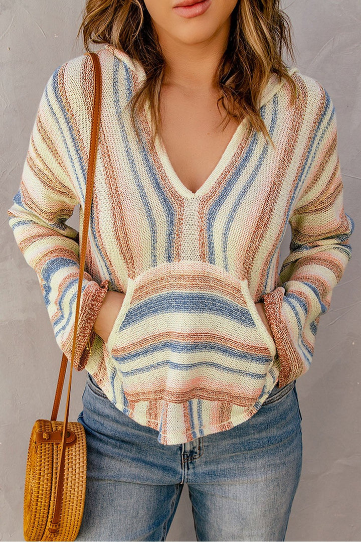 Striped Hooded Sweater with Kangaroo Pocket - Sweatshirts & Hoodies - FITGGINS