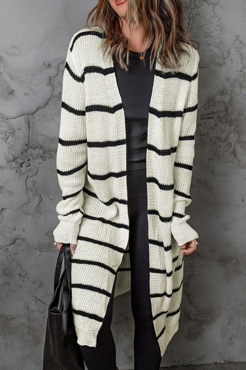 Striped Open Front Rib-Knit Duster Cardigan - Cardigans - FITGGINS