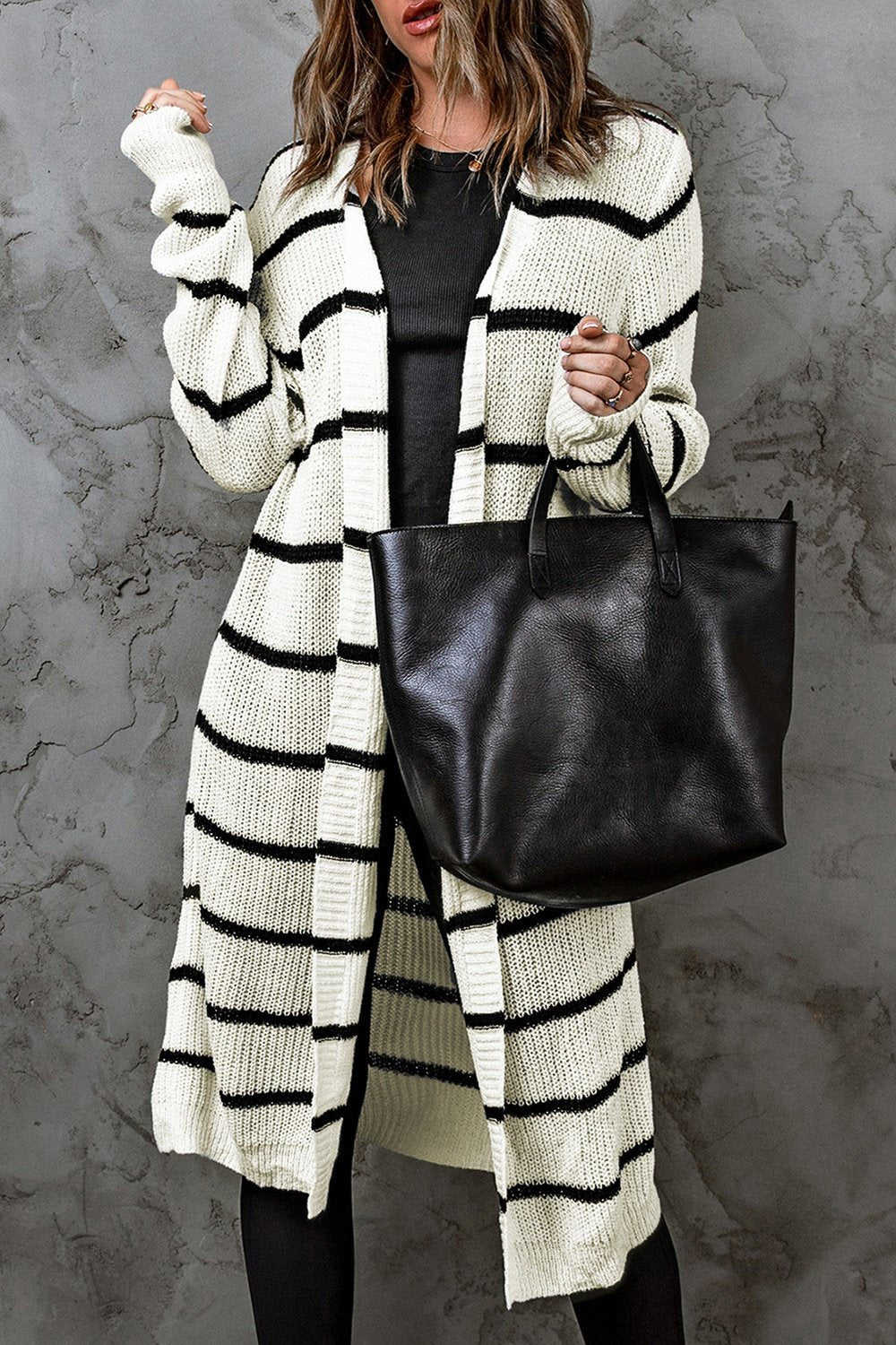 Striped Open Front Rib-Knit Duster Cardigan - Cardigans - FITGGINS
