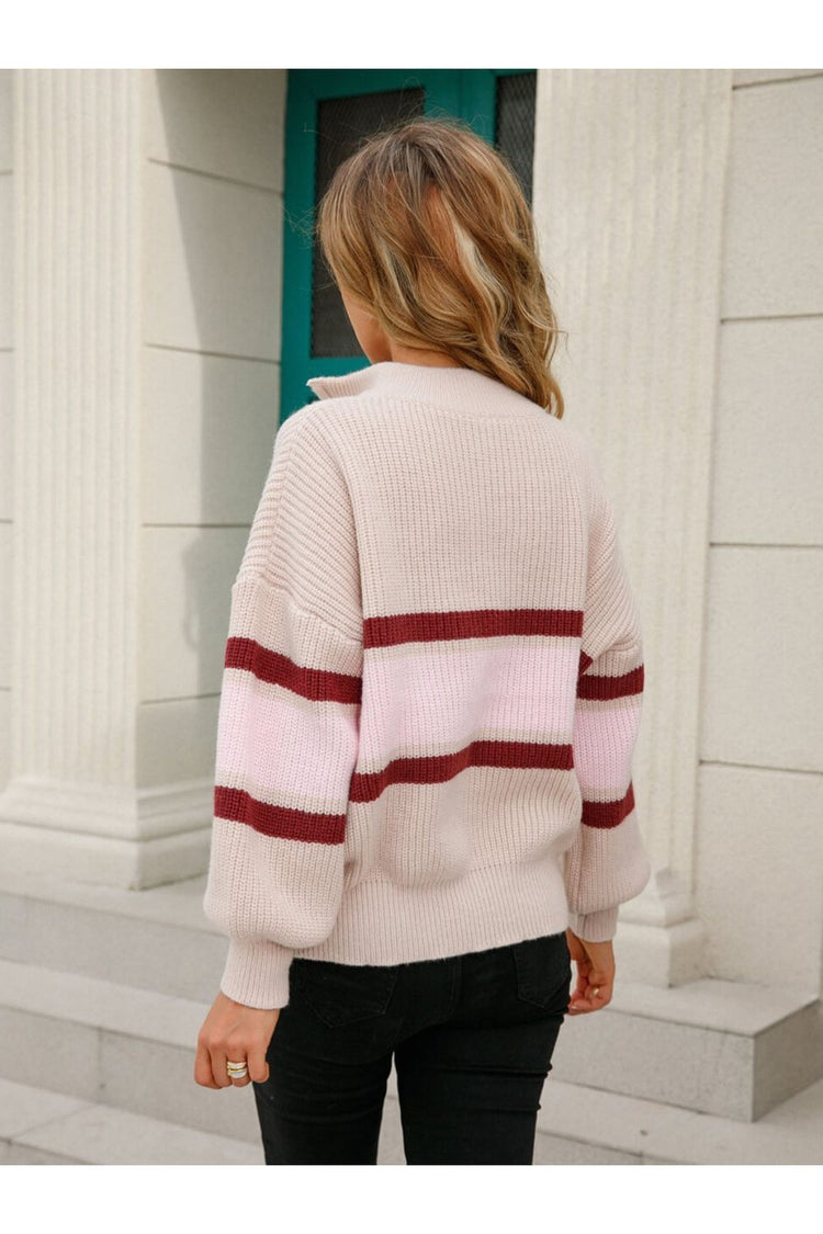 Striped Quarter-Zip Lantern Sleeve Sweater - Pullover Sweaters - FITGGINS