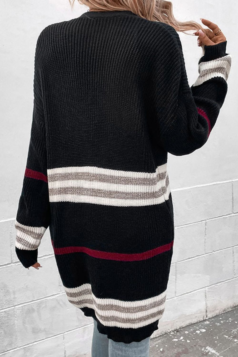 Striped Rib-Knit Drop Shoulder Open Front Cardigan - Cardigans - FITGGINS